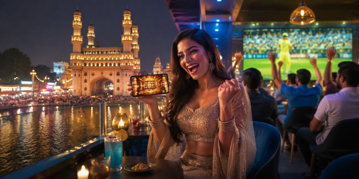Evening cityscape of Hyderabad with Charminar and digital betting overlay